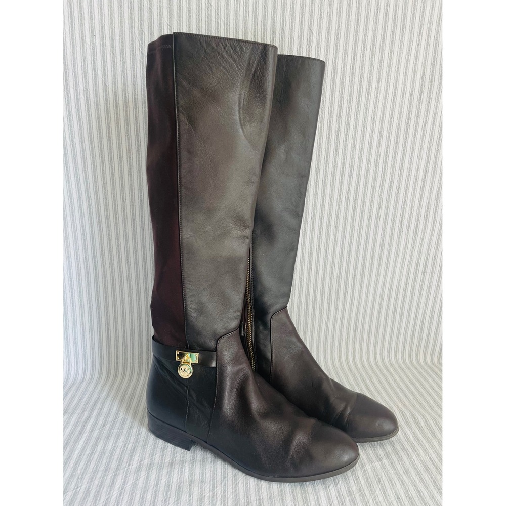 AS IS Michael Kors Brown Leather Tall Riding Boots Gold Padlock Size 9.5M FLAWED